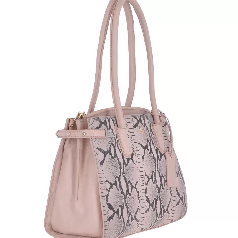 Women Ashwood Handbags Long Handled Three Section Shoulder Bag Pink/Snake: 62676